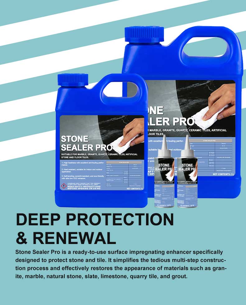 DEEP PROTECTION & RENEWAL
Stone Sealer Pro is a ready-to-use surface impregnating enhancer specifically designed to protect stone and tile. It simplifies the tedious multi-step construction process and effectively restores the appearance of materials such as granite, marble, natural stone, slate, limestone, quarry tile, and grout.