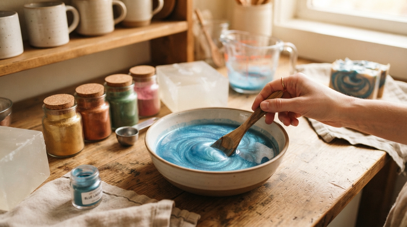Using mica powder is a popular method for coloring melt and pour soap, especially when creating pearlescent and shimmering handmade soap designs.